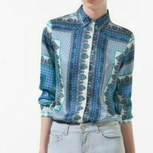 Zara Basic Scarf Print Button Up Blouse Shirt In Blue Motif Size S EUC
